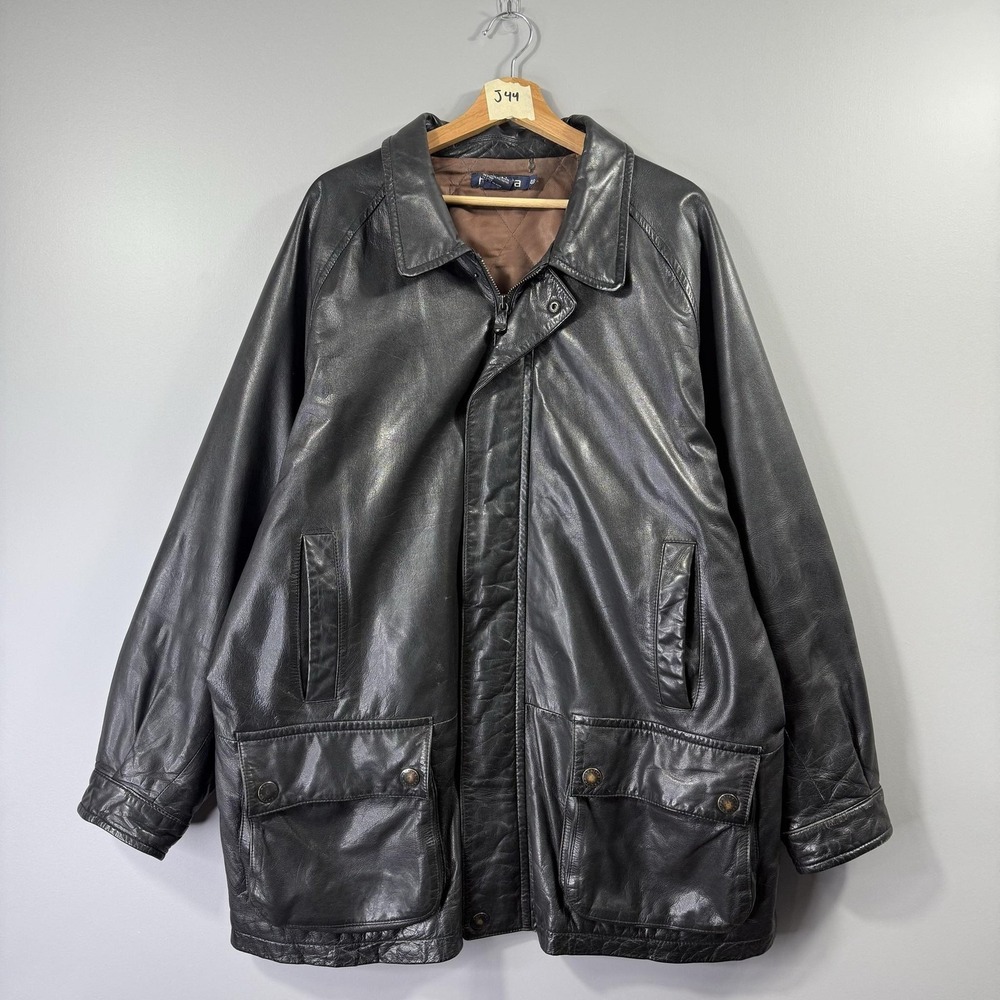 Nautica Leather Coat Mens 48 Black Mid Length Zip Button Insulated Lined Winter